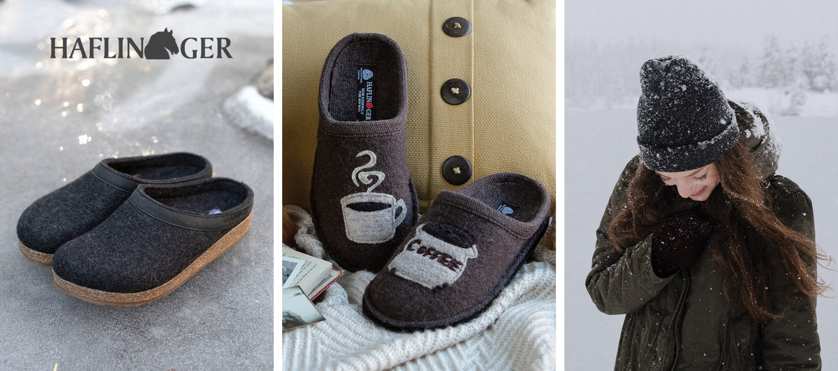 Three images: wool clogs on ice with Haflinger logo, slippers with coffee designs beside books and a sweater, and a woman in winter clothing smiling outdoors with snow in her hair and on her hat.