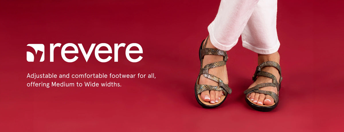 Revere adjustable and comfortable footwear for all, offering Medium to Wide widths.