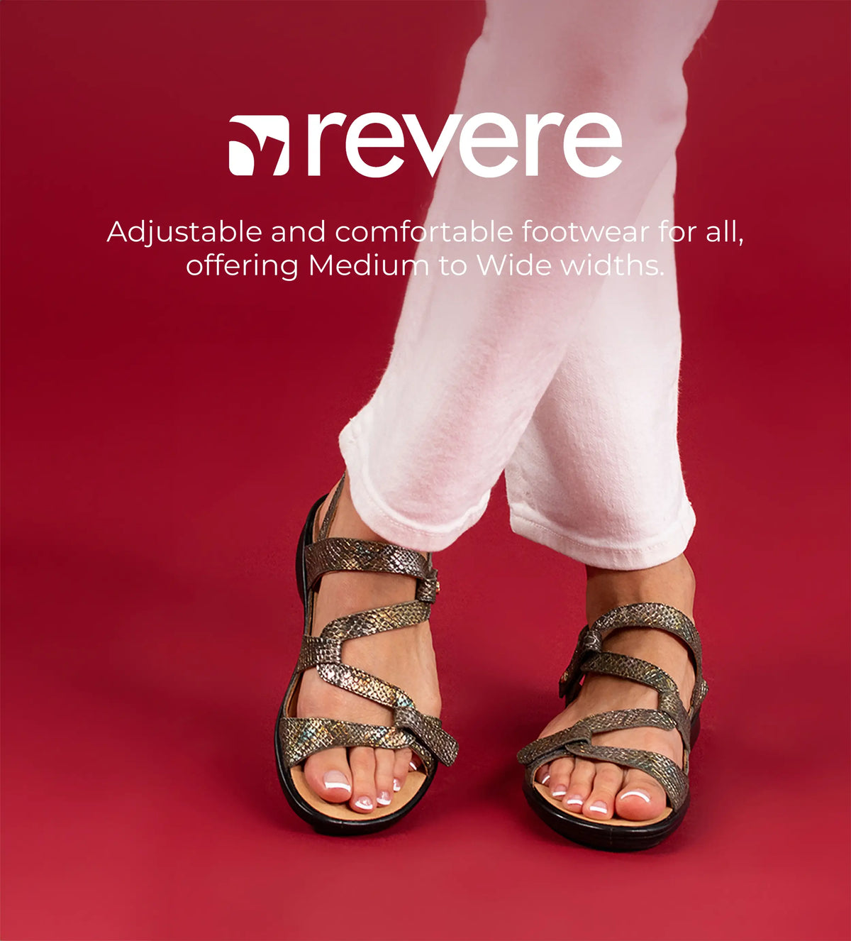 Revere adjustable and comfortable footwear for all, offering Medium to Wide widths.