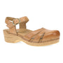 Sandal, tan leather; Dansko Margreta with ankle strap, buckle, cutouts, low stacked heel for comfort.