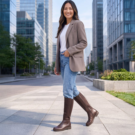 Model wearing Compass Stretch Metatarsal in color Dark Brown