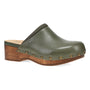 Clog, olive green leather, Dansko Andie, wooden sole, memory foam footbed, brass studs, shown from side on white.