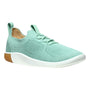 Sneaker, light green recycled PET knit with white sole and tan heel accent, Keen Knx Knit Lace, angled on white.