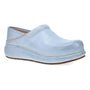 Clog, Dansko Platform Pro, light blue leather with visible stitching, memory foam footbed, flat brown sole.