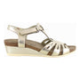 Sandal, gold, Naot Starlet with cutout and ankle straps, cork-latex footbed for arch support.