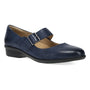 Shoe, navy leather Dansko Collette Mary Jane with arch support, low heel, and buckle strap on white background.