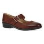 Shoe, brown leather, Dansko Collette Mary Jane with low heel, buckle strap, arch support, black sole.