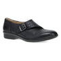 Loafer, black leather, Dansko Chelsie with arch support, low heel, buckle strap, rounded toe.