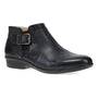 Boot, black textured leather Dansko Carolyn, side buckle, low heel, and removable supportive footbed.