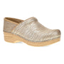 Clog, gold metallic leather, Dansko Pro with low wooden heel, anti-fatigue rocker sole, and textured upper.