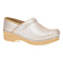 Clog, Dansko Pro, light gold leather with tan anti-fatigue rocker sole, shown on a white background.
