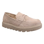 Shoe, beige suede, Mykos Lilian penny loafer with chunky sole and Ortholite foam, front side angle shown.