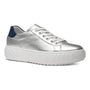 Sneaker, silver leather, by ara Mikky with thick white sole, blue heel tab, and visible HighSoft cushioning technology.