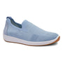 Slip-on shoe, ara Leena 3, light blue stretchy woven upper, white midsole, brown outsole, heel pull tab.