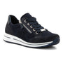 Sneaker, navy suede, ara Oleanna with laces, side zip, and visible comfort technology in front view.