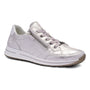 Sneaker, silver finish, ara Oleanna, side zipper, white sole, light brown tread, comfort technology outsole.