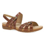 Sandal, brown leather, Dansko Ruthie with contoured footbed, two adjustable straps, closed back, flat sole.