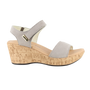 Sandal, grey suede upper, cork footbed, Naot Summer platform wedge; supportive design shown on white background.