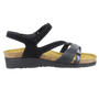 Sandal, black straps, wedge heel, open toe, Naot Sophia with anatomic cork-latex footbed for support.