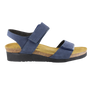 Sandal, blue leather, Naot Aisha with 2 Velcro straps, arch support, cork-latex footbed, side view on white.