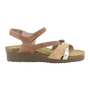 Sandal, Naot Sophia; brown cork with metallic accents, low wedge heel, Velcro strap, cork and latex supportive footbed.