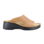 Sandal, Naot Rome, tan leather, open toe, closed upper, thick black sole, removable footbed for support.