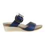 Sandal, Naot Magic, navy leather with arch support, gold buckle, beige sole, shown left side profile.