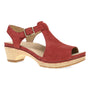 Sandal, red suede; Dansko Laverne with peep toe, side buckle, low stacked heel on white background.