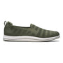 Shoe, olive green knit upper, Clarks Breezey Izzy with Cushion Soft footbed, white sole, and heel pull tab.