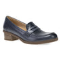 Loafer, Dansko Danica, navy waterproof leather with textured upper, low brown heel, side view.