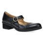 Shoe, black leather Dansko Deirdra Mary Jane with arch support, low block heel, and gold buckle on white background.