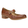 Mary Jane shoe, brown waterproof leather, low block heel, buckle strap, built-in arch support; Dansko Deirdra.
