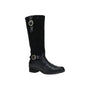 Boot, black leather/suede, low heel, round toe, two silver buckles. Dansko Dawn. Orthotic friendly.