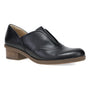 Shoe, black leather slip-on by Dansko with low wooden heel and visible memory foam footbed, on white background.