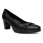 Shoe, ara Ophelia Buckle: black leather with rounded toe, block heel, gold accent, and cushioned insole for comfort.