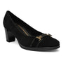 Pump, black suede with low block heel, gold buckle; ara HighSoft comfort technology for support.