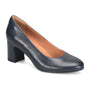 Pump in navy leather, Sofft Anna Marie, block heel, rounded toe, cushioned insole for comfort, on white background.