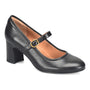Shoe, black leather Sofft Adalaide mary jane with rounded toe, block heel, gold buckle strap; cushioned insole visible.