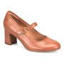 Pump, brown leather, Sofft Adalaide Mary Jane style with mid block heel, buckle strap, cushioned footbed, side view.