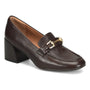 Sofft Casandra dark brown leather loafer with block heel, gold buckle detail; womens comfort shoe.