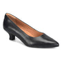 Pump, black leather, Sofft Sabrina with pointed toe and tan lining, low kitten heel, shown on white.