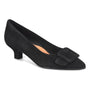 Pump, black suede, Sofft Sadie, kitten heel, pointed toe, square buckle; supportive cushioned footbed visible.
