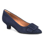 Pump, navy suede, Sofft Sadie with buckle and kitten heel; pointed toe; visible cushioned insole for comfort.