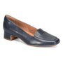 Loafer, navy leather, Lavender by Sofft, square toe, tan sole; low heel; designed for comfort in office settings.