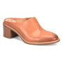 Mule shoe, tan Italian leather, mid-heel, visible stitching, Comfortiva Harrington with memory foam; side view.