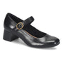 Mary Jane shoe, black leather, block heel, gold buckle, slip-resistant sole; Comfortiva Paula comfort footwear product.