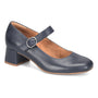 Shoe, navy leather, Comfortiva Paula Mary Jane with block heel, buckle strap, slip-resistant tan sole on white background.