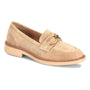 Loafer by Comfortiva, tan suede with moc toe, gold buckle detail, features lightweight design for all-day comfort.