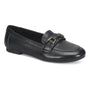 Loafer, black leather, Comfortiva Tanya with gold buckle, low heel, visible stitching, memory foam footbed.