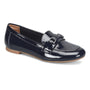 Loafer by Comfortiva in shiny navy, buckle detail, low wooden heel, visible memory foam footbed for comfort.